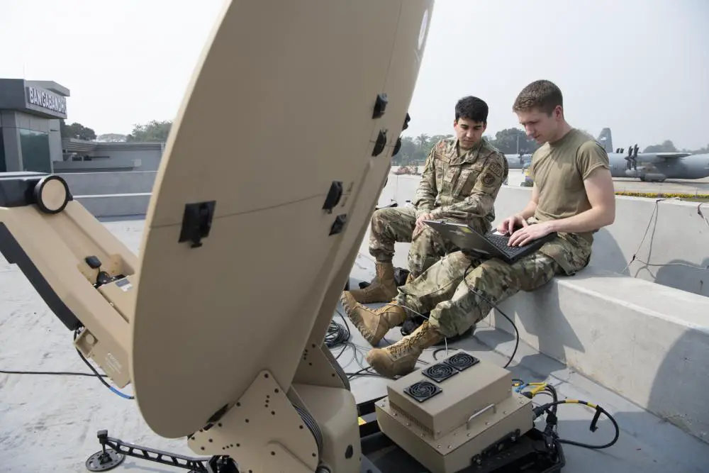 U.S. Air Force Senior Airman Bryan Gonnella, left, 36th Expeditionary Airlift Squadron cyber transport technician, and U.S. Space Force Spc. Stefan Schirmer, radio frequency transmission systems technician, 36th EAS sets up a Hawkeye III Lite system during Exercise Cope South 2022, at Bangladesh Air Force (BAF) Base Bangabandhu, Bangladesh. 