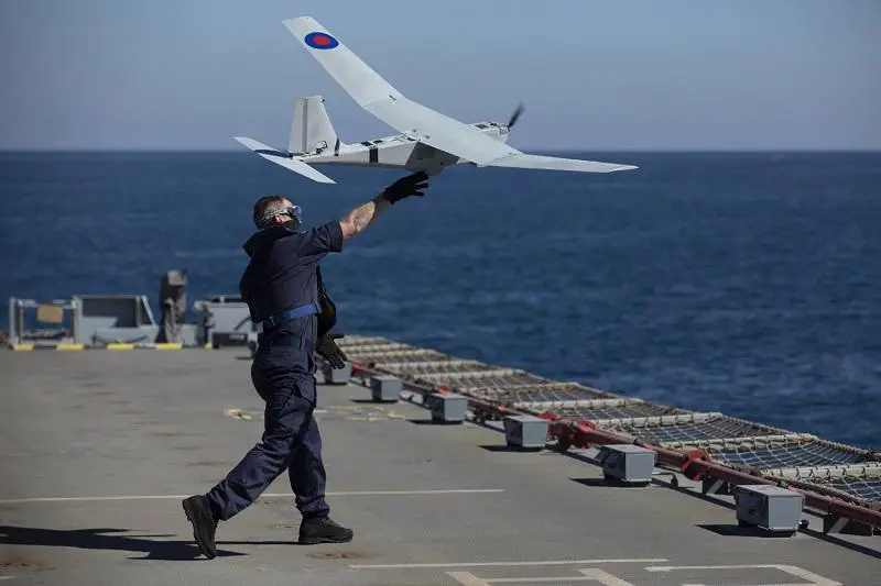 A Puma drone is launched by 700X NAS from RFA Lyme Bay