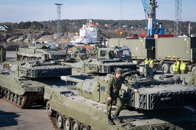 Spanish troops and equipment arrive at the port of Fredrikstad, Norway on Monday, Mar. 14, 2022 to participate in exercise Brilliant Jump 22. 