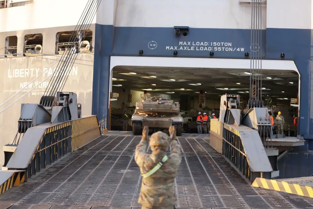 An M1 Abrams main battle tank is the first of nearly 200 vehicles and equipment items from 3rd Armored Brigade Combat Team, 4th Infantry Division to arrive in Europe aboard the “Liberty Passion”, a commercial cargo vessel, which docked in Alexandroupoli, Greece, March 21, 2022. 