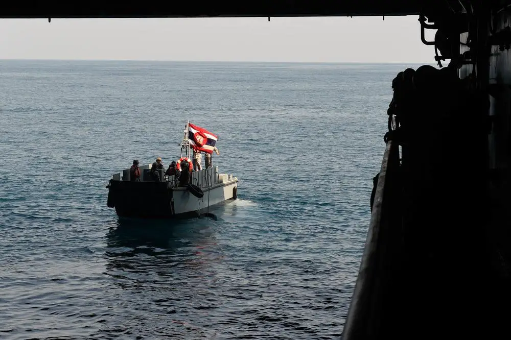 A Thai Navy landing craft vehicle and personnel (LCVP) leaves the well deck of the amphibious transport dock ship USS Green Bay (LPD 20) during Cobra Gold 22.