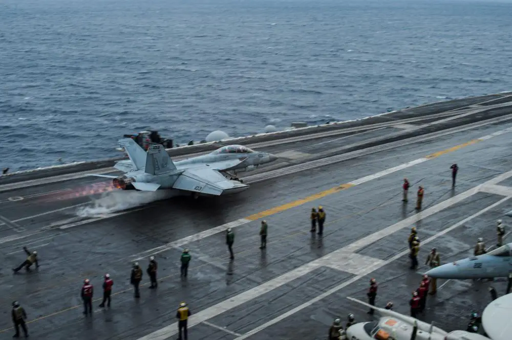An F/A-18F Super Hornet, attached to the “Red Rippers” of Strike Fighter Squadron (VFA) 11, launches from the flight deck of the Nimitz-class aircraft carrier USS Harry S. Truman (CVN 75) in support of enhanced Air Patrols, Mar. 5, 2022. 