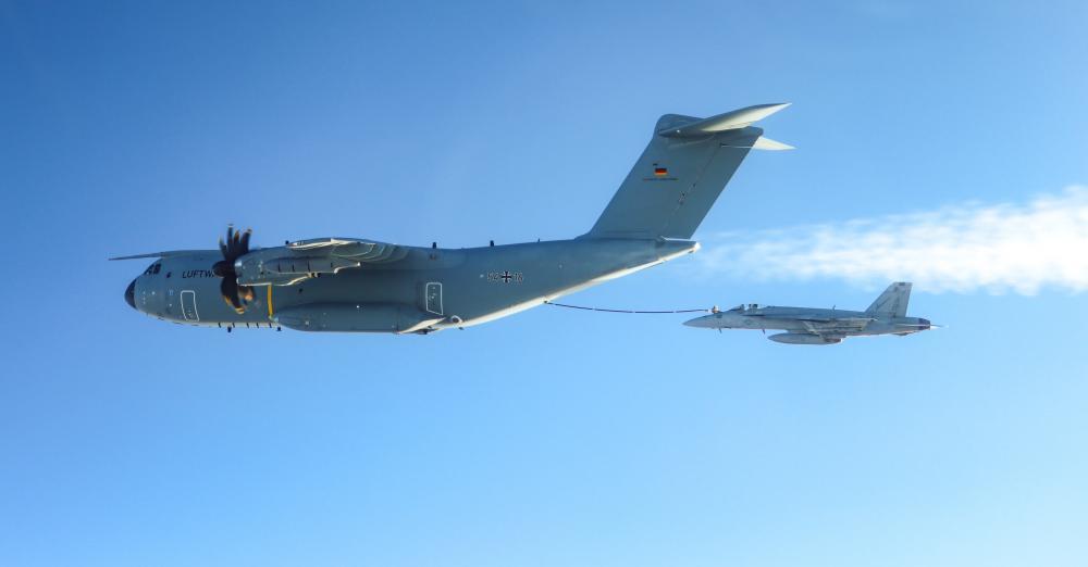 A German Air Force A400M tanker refuels an F/A-18E Super Hornet, attached to the “Fighting Checkmates” of Strike Fighter Squadron (VFA) 211, in support of enhanced Air Patrols, Mar. 3, 2022. The Harry S. Truman Carrier Strike Group is on a scheduled deployment in the U.S. Sixth Fleet area of operations in support of U.S., allied and partner interests in Europe and Africa. 