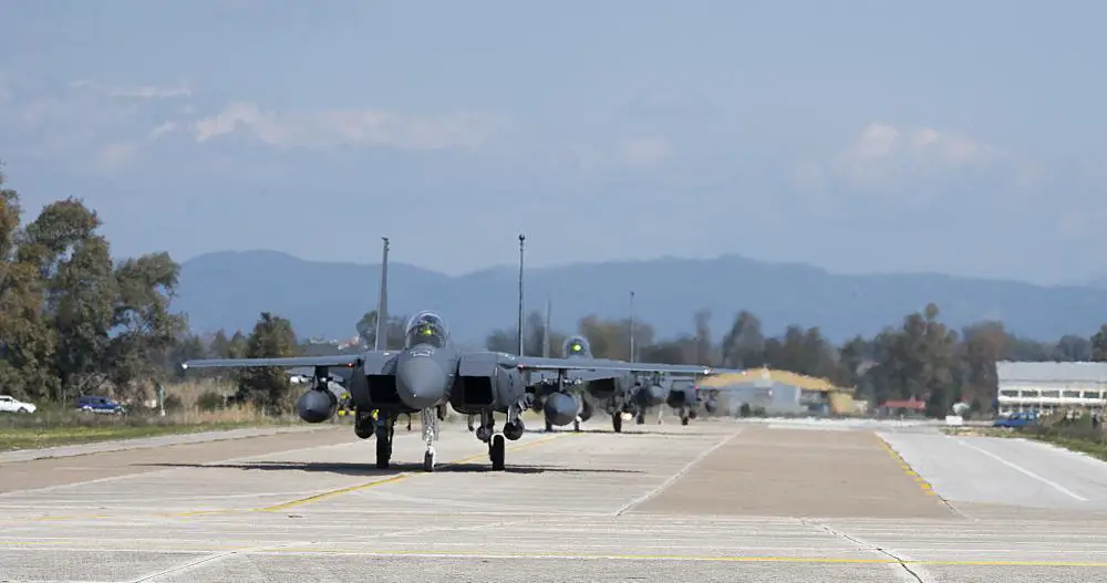 U.S. Air Force F-15E Eagles from the 48th Fighter Wing at Royal Air Force Lakenheath, United Kingdom land at Andravida Air Base, Greece, March 21, 2022.