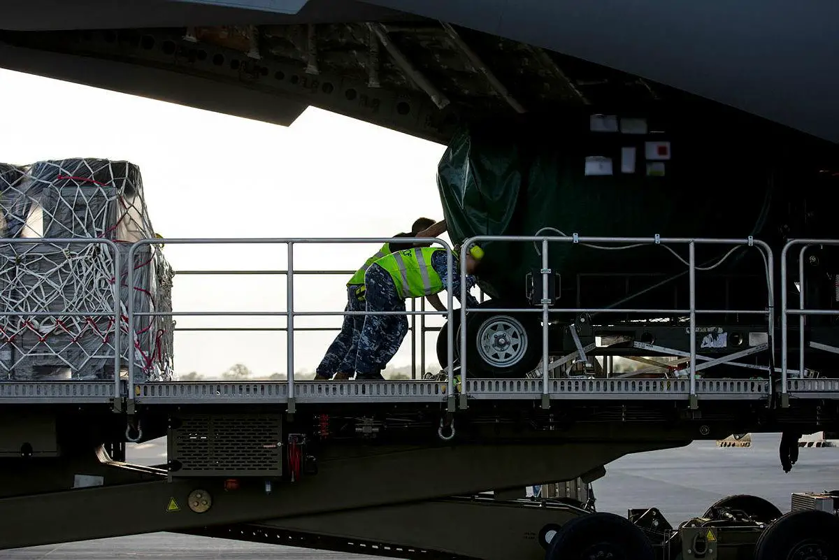 Air Movements Operators from No. 23 Squadron load military assistance bound for Ukraine onto a Royal Australian Air Force C-17A Globemaster III aircraft at RAAF Base Amberley, Queensland.