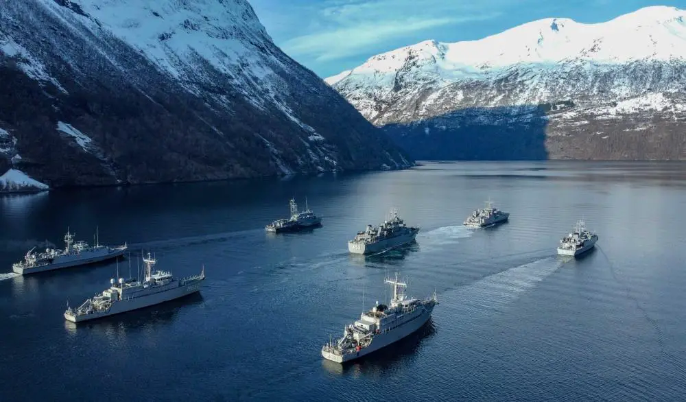 Ships of Standing NATO Mine Countermeasures Group 1 sail in formation in Geiranger Fjord, Norway, during Exercise Cold Response, March 9, 2022. 