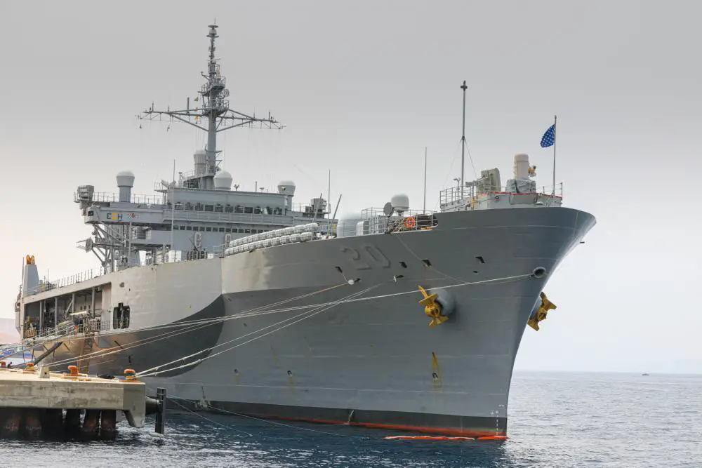 Amphibious command ship USS Mount Whitney (LCC 20), is moored pierside in Aqaba, Jordan, April 17.