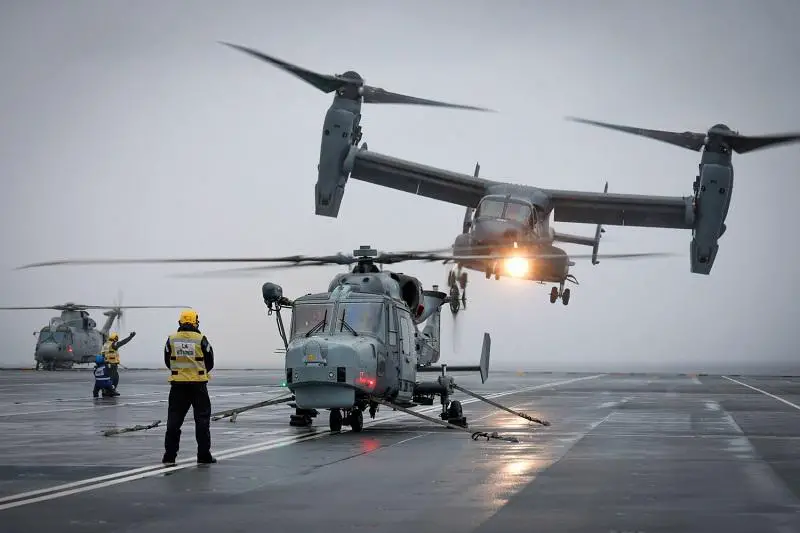 U.S. Air Force V-22 Osprey taking off from the deck of NATO Command Ship Royal Navy HMS Prince of Wales.