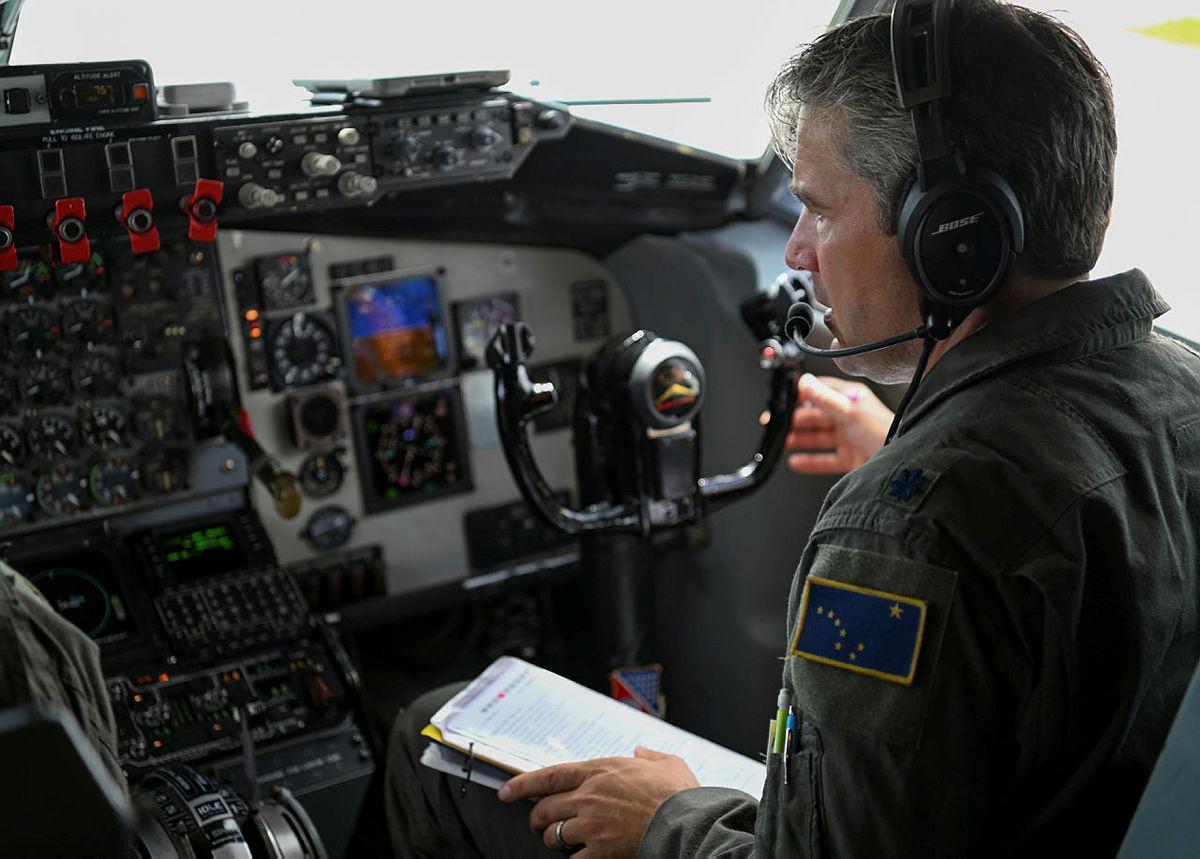 United States Air Force pilot Lieutenant Colonel Christopher Greene from 168th Air Refuelling Squadron at Eielson Air Force Base, Alaska, prepares for take-off in a KC-135 Stratotanker aircraft for a training mission operating out of Andersen Air Force Base, Guam