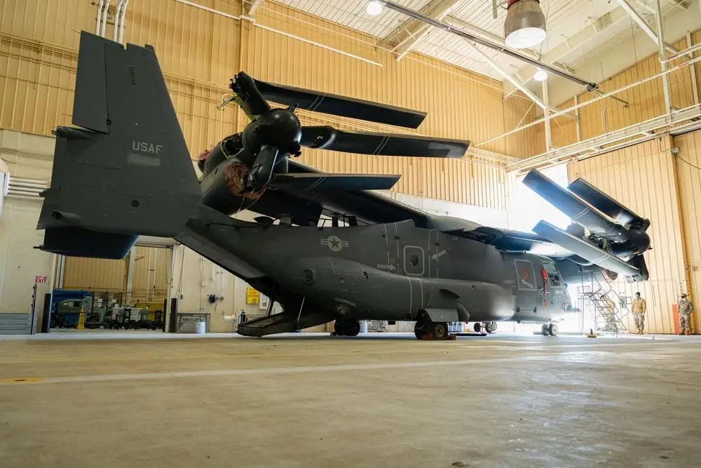 U.S. Air Force Airmen assigned to the 20th Special Operations Squadron familiarize themselves with the new nacelle improvement modifications on a CV-22 Osprey tilt-rotor aircraft at Cannon Air Force Base, N.M., Jan. 7, 2022.