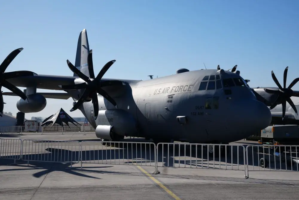 A C-130H Hercules from the Nevada Air National Guard sits on the runway at Feria Internacional del Aire y del Espacio (FIDAE), Latin America’s largest aerospace, defense and security exhibition, in Santiago, Chile, April 5, 2022. This C-130 is equipped with the NP-2000 8-blade propeller providing it more thrust and low airspeed range than it the typical 4-blade propeller on most H-models.