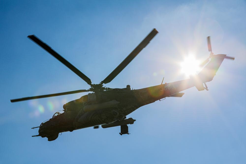 A Czech Army MI-24 Hind attack helicopter conducts air defense training with the U.S. Air Force joint terminal attack controllers assigned to 10th Air Support Operations Squadron (ASOS) during Saber Strike 22 at Hradišt? Military Area, Northwest Czech Republic, March 08, 2022.
