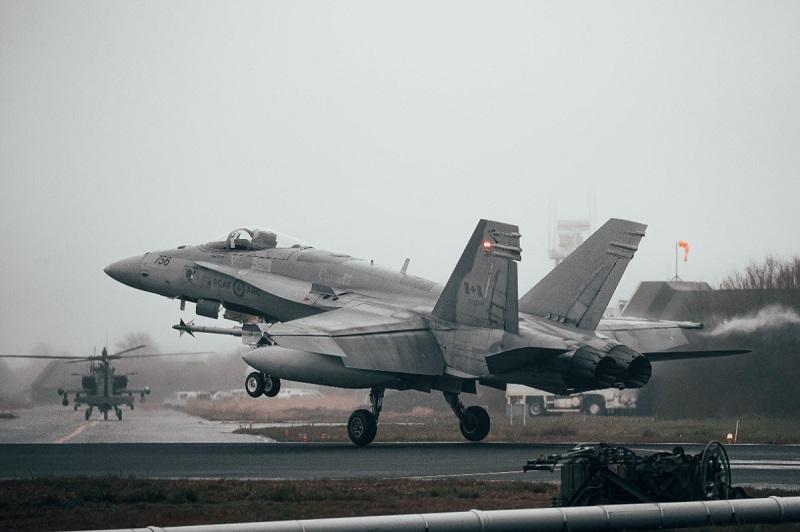 A Royal Canadian Air Force CF-18 takes off during Frisian Flag 22 at Leeuwarden Air Base, Netherlands.