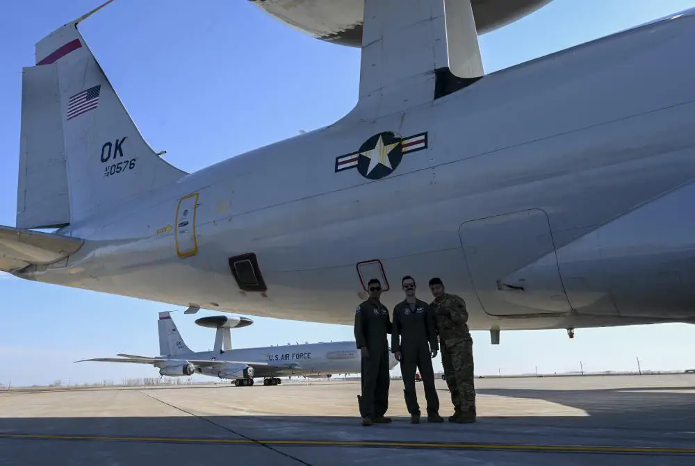 E-3 Sentry pilots assigned to Tinker Air Force Base Oklahoma, pose for a photo at Minot Air Force Base, North Dakota, May 04, 2022, as a part of a precautionary relocation effort due to severe weather warnings around the state of Oklahoma
