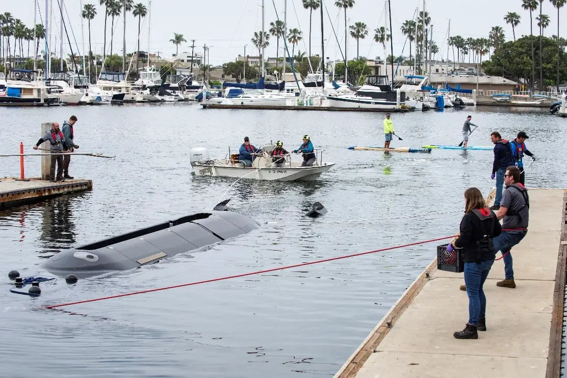 The Orca XLUUV Test Asset System prepares for the first in-water test following a christening ceremony April 28, 2022, in Huntington Beach, California. 