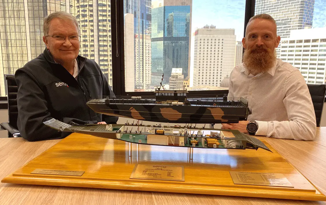Serco Defence Managing Director, Clint Thomas AM, CSC, and Serco Defence Pursuit Manager, Terry Skinsley with the 'Oboe' LMV-M model