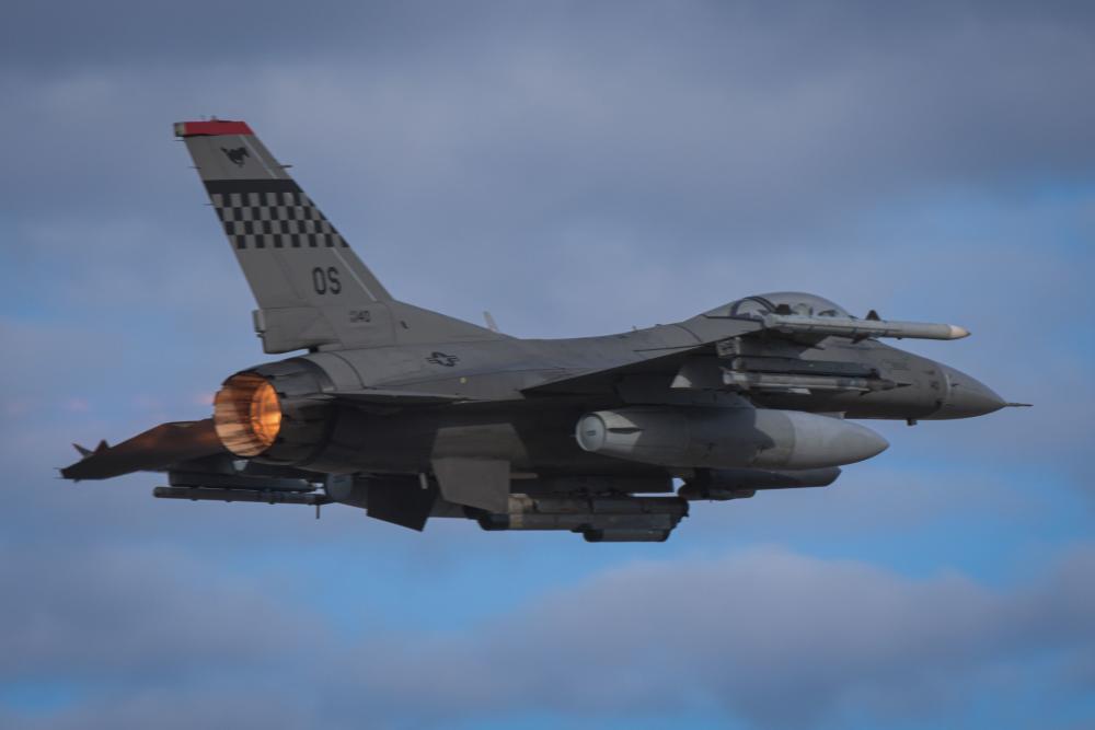 An F-16 Fighting Falcon assigned to the 36th Fighter Squadron takes off for training in participation of RED FLAG-Alaska 22-1 at Eielson Air Force Base, Alaska, May 7, 2022. 