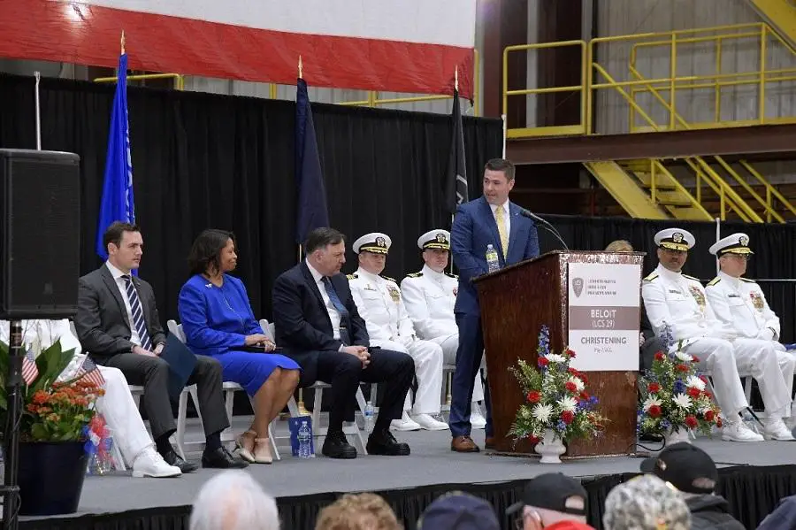 Steve Allen, Lockheed Martin vice president, Small Combatants and Ship Systems, delivers remarks before the christening and launch of the nation’s 29th Littoral Combat Ship, the future USS Beloit.