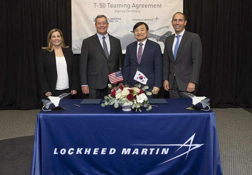 Aimee Burnett, Greg Ulmer and OJ Sanchez join Mr. Ahn Hyun-ho, president & CEO, Korea Aerospace Industries, for the T-50 Teaming Agreement signing ceremony.