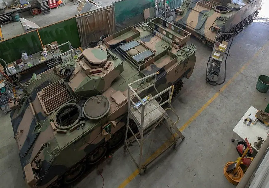 The first of fourteen M113 AS4 Armoured Personnel Carriers bound for Ukraine being prepared at Joint Logistics Unit – South East Queensland, RAAF Base Amberley.