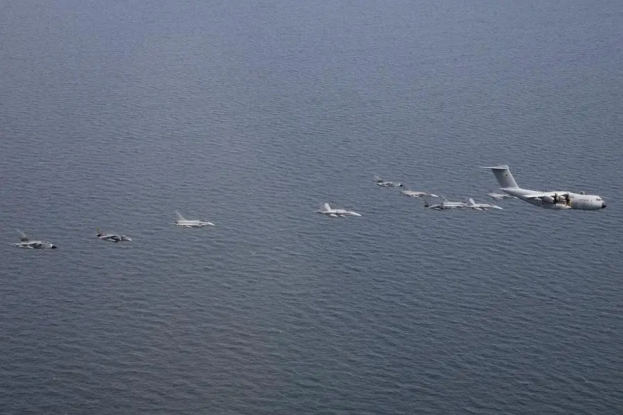 A formation of Allied and Partner fighter jets led by a German A400M during BALTOPS.