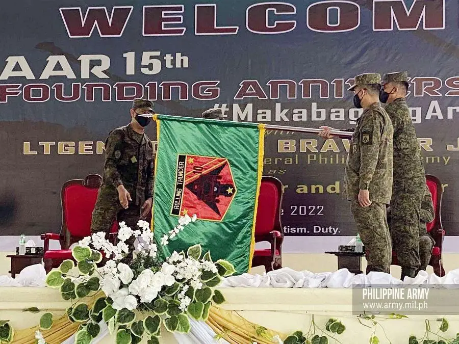 Unfurling of the 10th Field Artillery "Rolling Thunder" Battalion (155 SP) unit color during the Army Artillery Regiment's 15th founding anniversary celebration in Fort Magsaysay, Nueva Ecija on June 22, 2022.