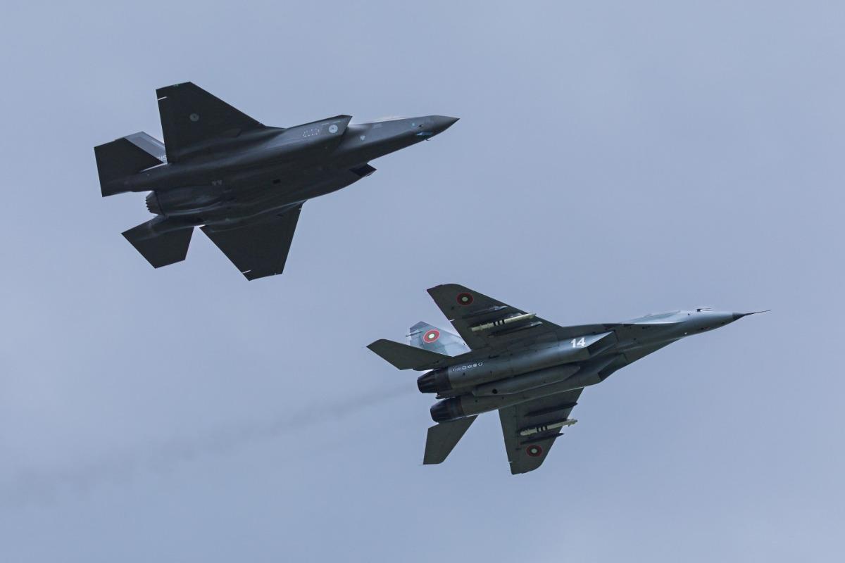  A Netherlands F-35 and a Bulgarian MiG-29 during a combined mission out of Graf Ignatievo, Bulgaria, where the Netherlands fighter detachment completed their two-month deployment under NATO aegis.