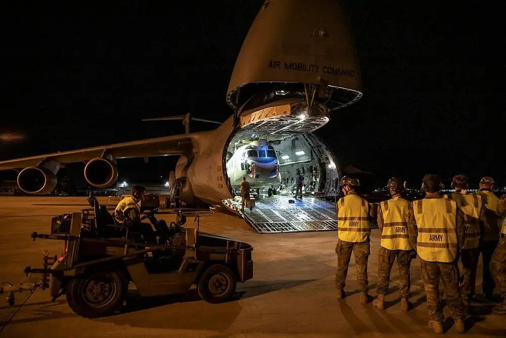 Preparations commence to unload two new 5th Aviation Regiment, Australian Army CH-47F Chinook helicopters from a United States Air Force, 9th Airlift Squadron C-5M Super Galaxy at RAAF Base Townsville, Queensland.