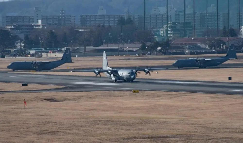 A C-130J Super Hercules with the 36th Airlift Squadron taxis at Yokota Air Base, Japan, in support of Airborne 22, Jan. 25, 2022.