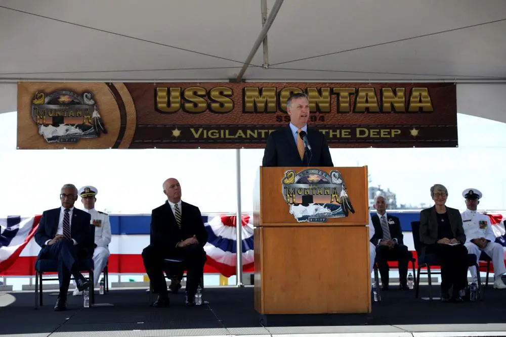  Under Secretary of the Navy Erik Raven delivers remarks during a commissioning ceremony for Virginia-class fast attack submarine USS Montana (SSN 794) in Norfolk, Va., June 25, 2022.