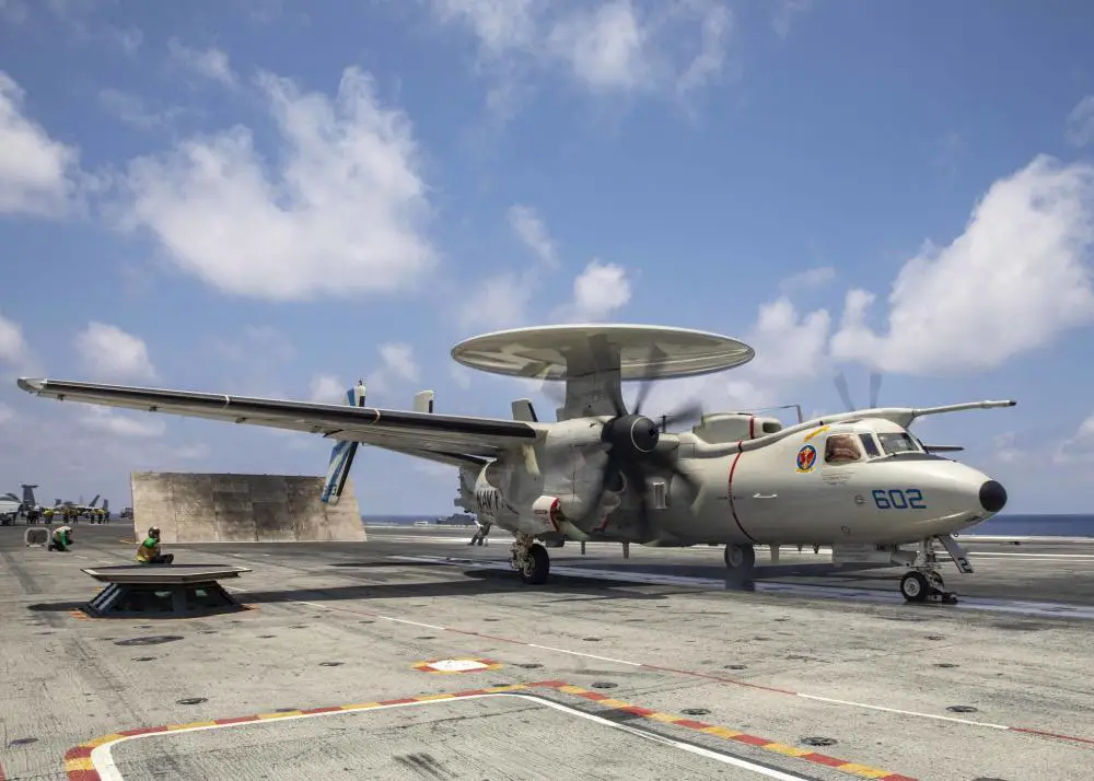 An E-2D Hawkeye aircraft, attached to Carrier Airborne Early Wing Squadron (VAW) 121, launches from the flight deck of the Nimitz-class aircraft carrier USS George H.W. Bush (CVN 77) for the 80,000th launch, June 16, 2022.