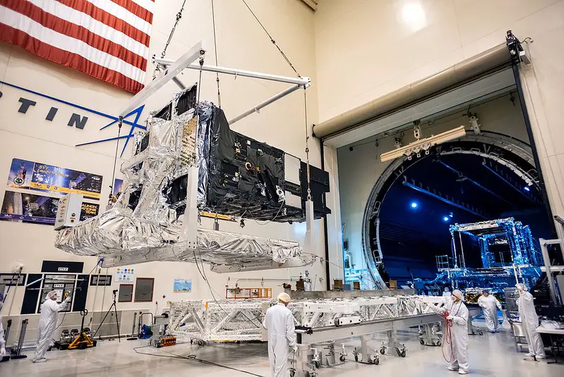 Lockheed Martin's fully-assembled SBIRS GEO 5 missile warning satellite moves into the Thermal Vacuum (TVAC) test chamber.
