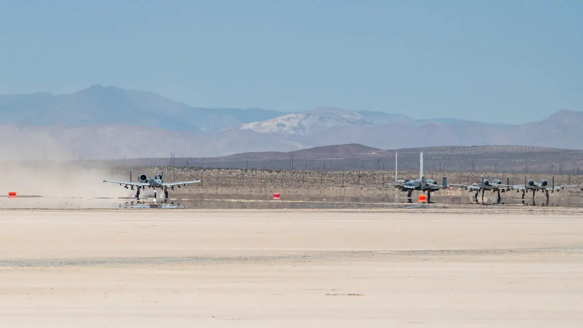 An A-10 Thunderbolt II, assigned to the 355th Wing, out of Davis-Monthan Air Force Base, Arizona, takes off from Rogers Dry Lake during an Agile Combat Employment Exercise on Edwards Air Force Base, California, June 27. 