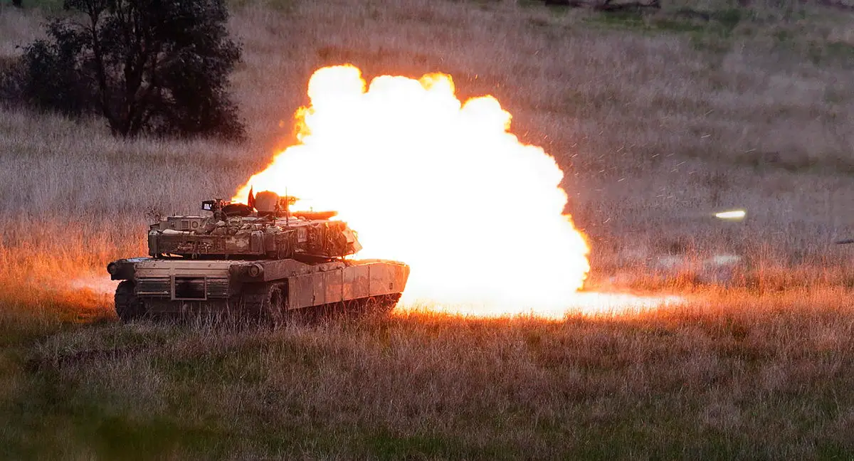 An Australian Army M1A1 Abrams Main Battle Tank fires its main armament during Exercise Gauntlet Strike at Puckapunyal Military Training Area in Victoria.