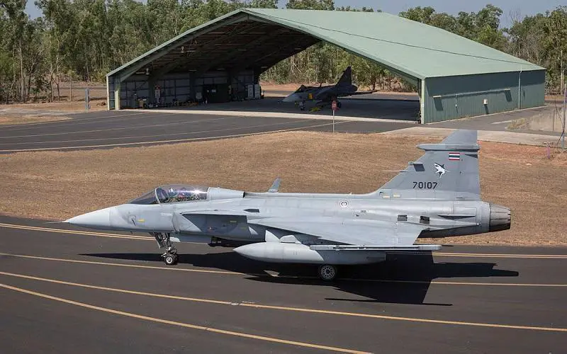 A JAS-39 Gripen from the Royal Thai Air Force taxis out of the shelters for another mission during Exercise Pitch Black 2018 at RAAF Base Darwin.