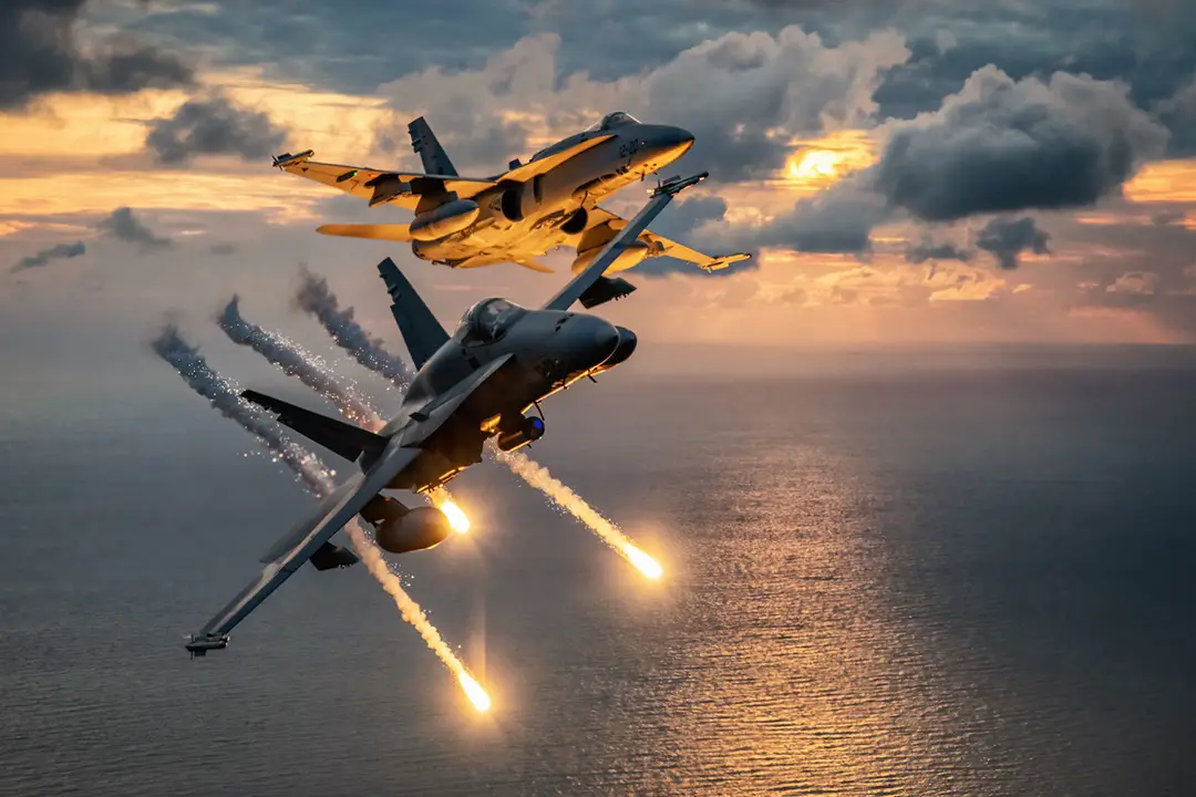 A Spanish Air Force F-18 twoship exercising - viewed from a Lithuanian  C-27 transport aircraft over the Baltic Sea. Photo by Hesja.