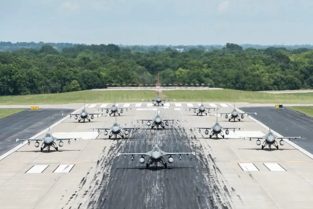 F-16 Vipers from the 138th Fighter Wing participate in an elephant walk at the Tulsa Air National Guard Base, Oklahoma.