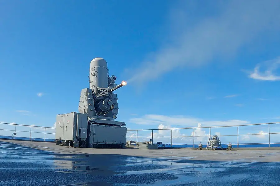 HMAS Supply conducts a Close-in Weapon System firing trials during a 2022 regional presence deployment.