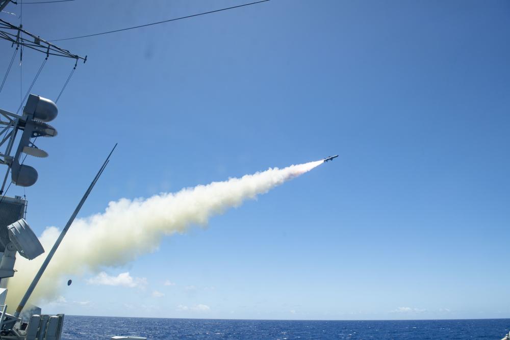 Royal Canadian Navy frigate HMCS Winnipeg (FFH 338) fires two harpoon missiles as part of a sinking exercise (SINKEX) during Rim of the Pacific (RIMPAC) 2022.