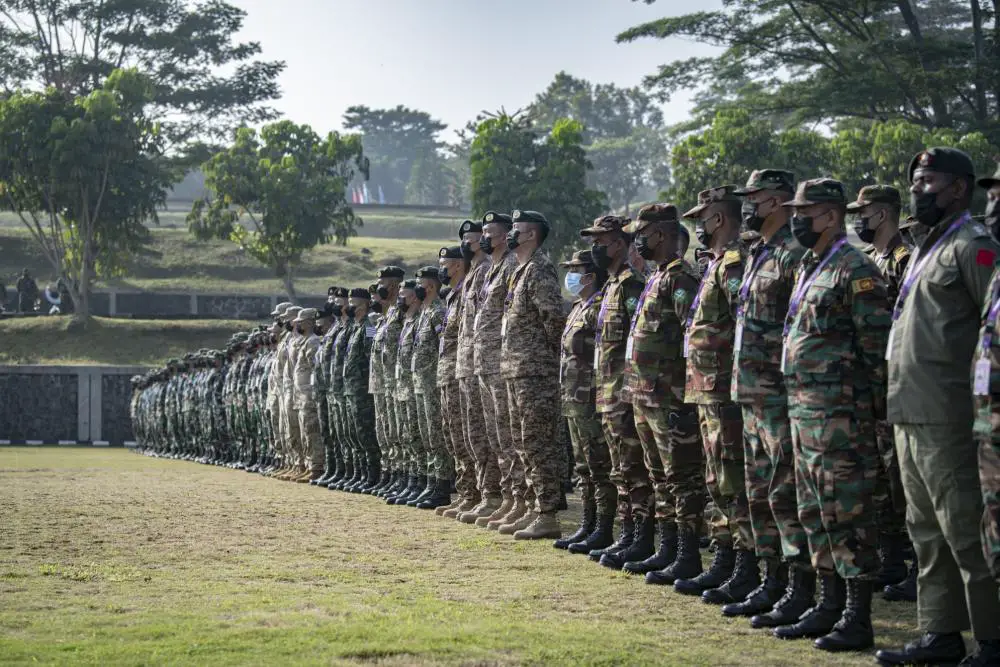 Service members from 18 countries participate in the opening ceremony for Exercise Garuda Canti Dharma II / Multinational Peacekeeping Exercise 22 at Pusat Misi Pemeliharaan, Indonesia, July 18, 2022.