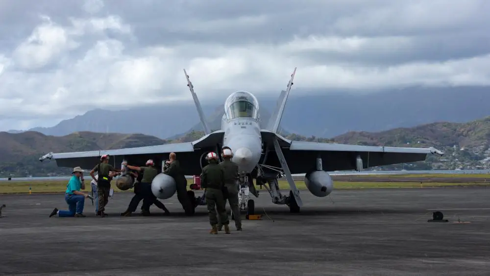  A U.S. Marine Corps F/A-18 Hornet assigned to Marine Fighter Attack Squadron 232, Marine Air-Ground Task Force 7, is loaded with ordnance for a Sinking Exercise (SINKEX) as part of Rim of the Pacific (RIMPAC) 2022. 