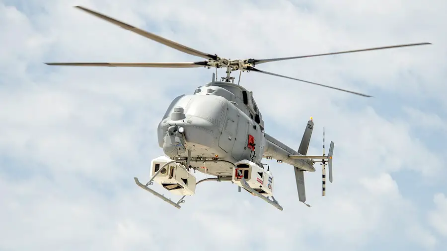 MQ-8C Fire Scout gathers performance data during a mine countermeasure (MCM) prototype technology demonstration in May 2022 at Eglin Air Force Base, Florida.