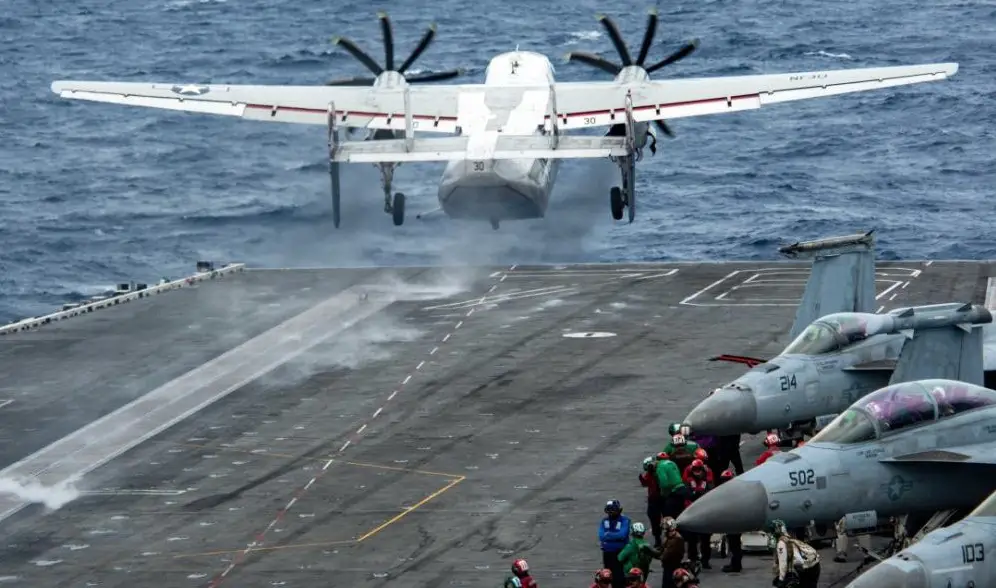 A C-2A Greyhound attached to the Providers of Fleet Logistics Squadron (VRC) 30 launches from the flight deck of the U.S. Navy’s only forward-deployed aircraft carrier USS Ronald Reagan (CVN 76). 