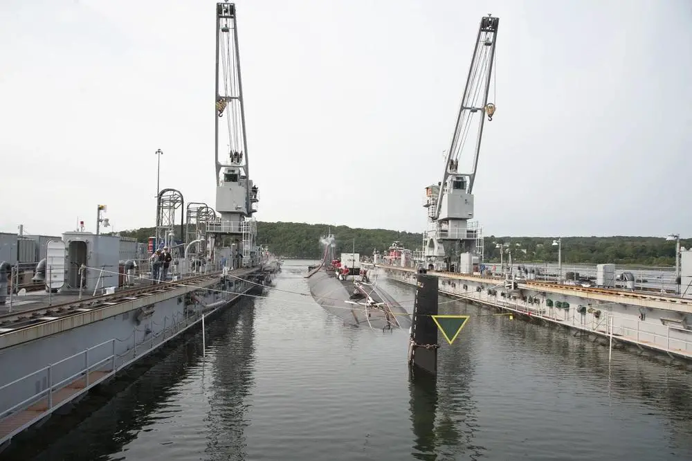 The Los Angeles fast attack submarine USS Hartford (SSN 768) is guided out of the floating dry dock, ARDM 4 on Thursday, September 17, 2020 at Submarine Base New London in Groton. Hartford completed regularly scheduled maintenance while docked.