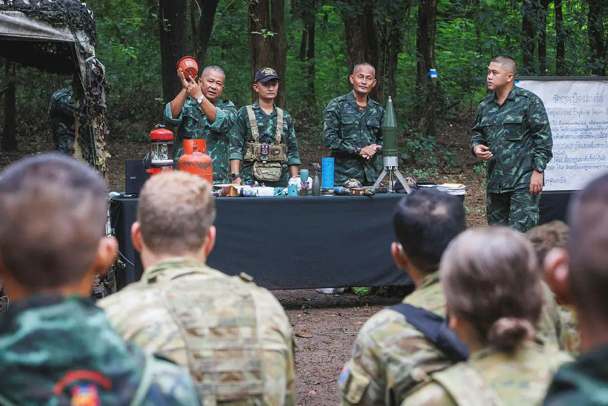 A Royal Thai Army engineer helps Australian Army soldiers, from Rifle Company Butterworth 136, identify different IED's during Exercise Chapel Gold 2022 in Nakhon Sawan, Thailand.