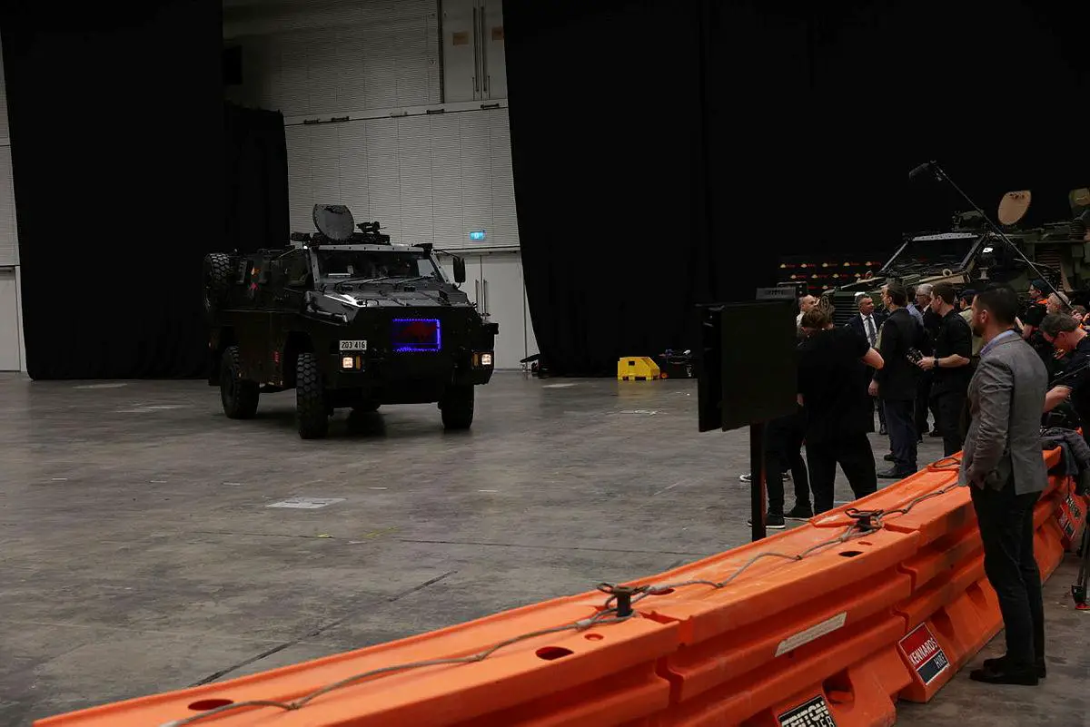 A Bushmaster Electric Protected Mobility Vehicle is demonstrated after being unveiled during the Chief of Army Symposium 2022.