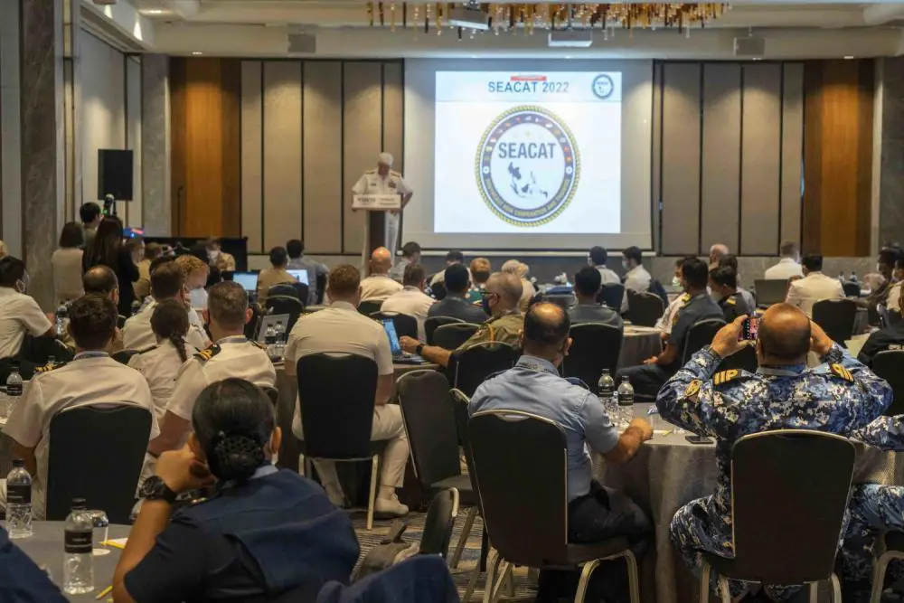Vice Adm. Karl Thomas, commander, 7th Fleet, gives opening remarks during Southeast Asia Cooperation and Training (SEACAT) August 16. 