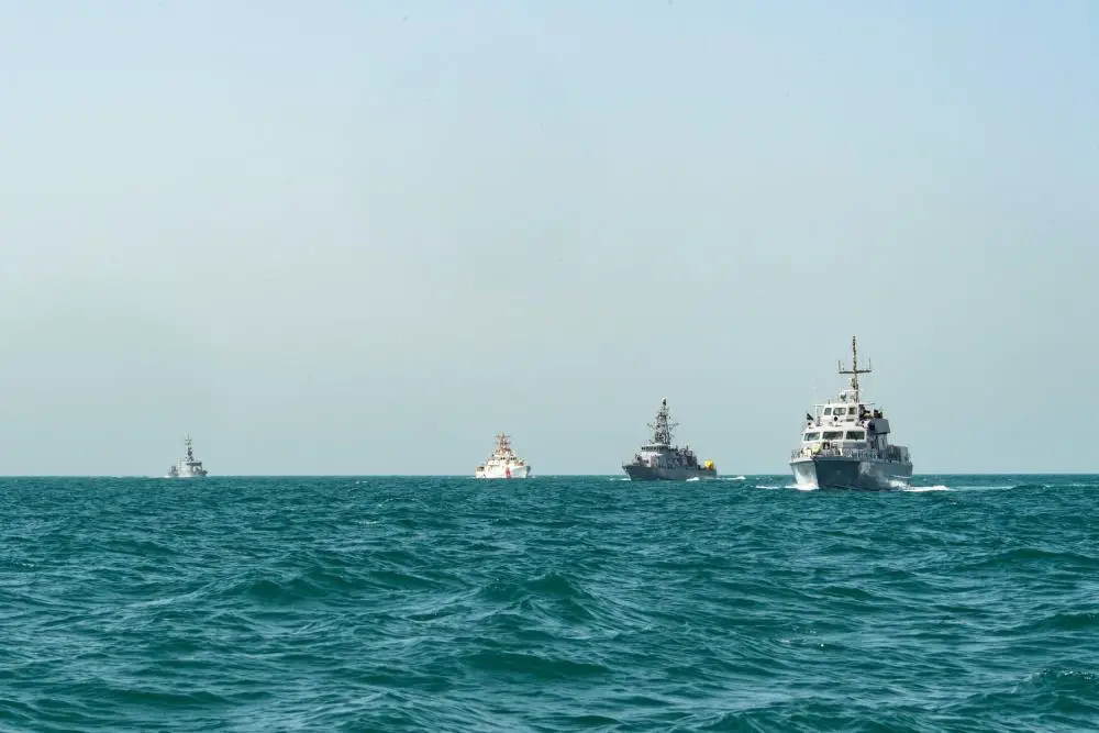 ) U.S. Navy coastal patrol ship USS Sirocco (PC 6), U.S. Coast Guard fast response cutter USCGC Charles Moulthrope (WPC 1141), Kuwait Naval Force ship Maskan (P 3717), and Iraq Navy fast attack craft P-310, sail together during a joint patrol exercise in the Arabian Gulf, Aug. 25. Trilateral engagements help strengthen partnerships and ensure maritime stability and security in the Middle East region.