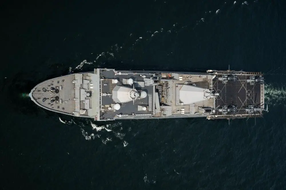 The San Antonio-class amphibious transport dock ship USS Arlington (LPD 24) transits the Baltic Sea during a photo exercise with the Wasp-class amphibious assault ship USS Kearsarge (LHD 3) Aug. 16, 2022.