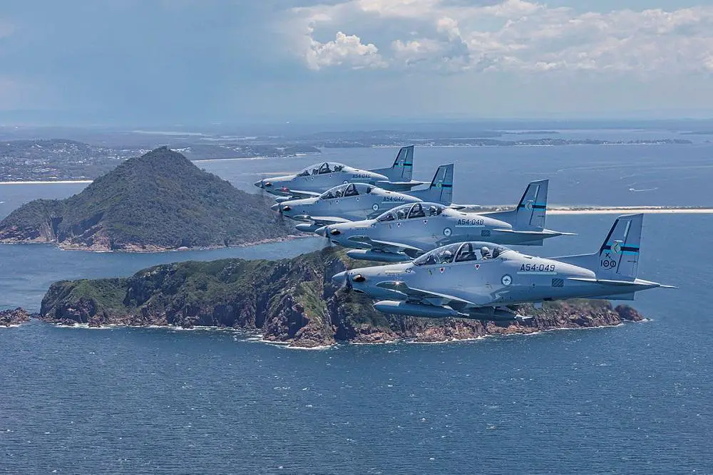 Royal Australian Air Force PC-21 aircraft from No. 4 Squadron conduct formation flying in the airspace near RAAF Base Williatown, New South Wales. 